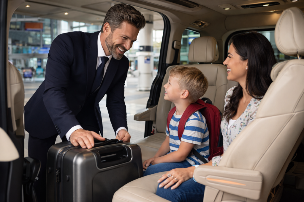 Luxury black van interior for private transfer from CDG to Disneyland Paris