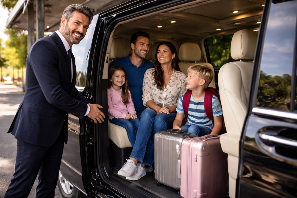 Family leaving Disneyland Paris with luggage for a private transfer